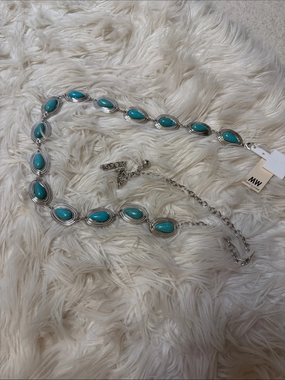 NWT, MW/Most Wanted Turquoise Stone Chain Waist Belt - Silver
